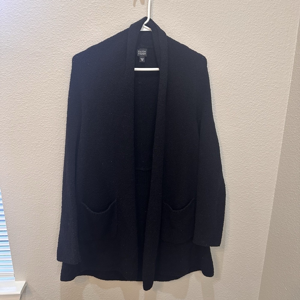 Eileen Fisher Black Wool Boucle Open Front Cardigan Sweater XS Minimalist Pocket